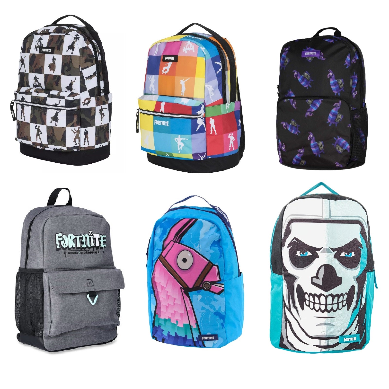 Six Fortnite-themed backpacks are displayed.